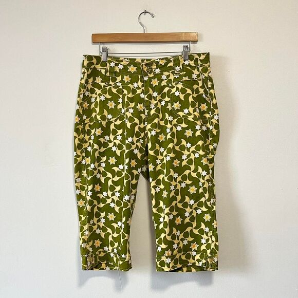 Womens Y2K Yellow and Green Abstract Star Print Capris Ramie Cotton Blend 15/16 - Picture 1 of 8
